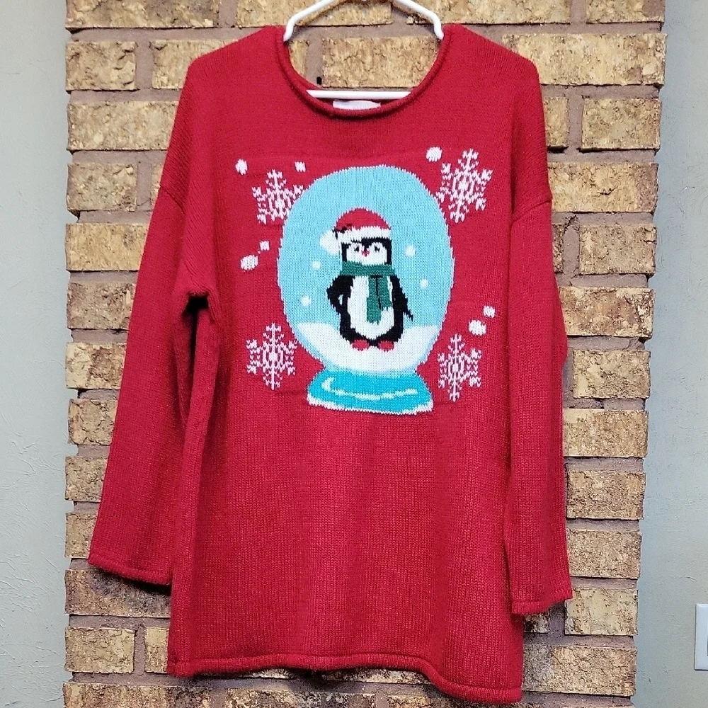 Woman Within Red Sweater with Penguin Design Size Large 18/20